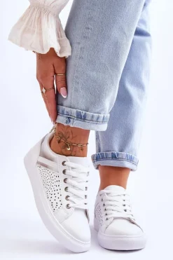 Boto Sneakersy Damskie*Klasyczne Sportowe Buty Z Ażurowym Wzorem Biało-Srebrne Happier
