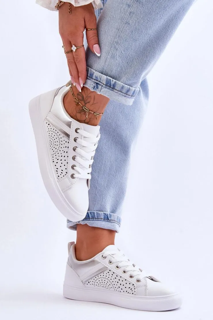Boto Sneakersy Damskie*Klasyczne Sportowe Buty Z Ażurowym Wzorem Biało-Srebrne Happier