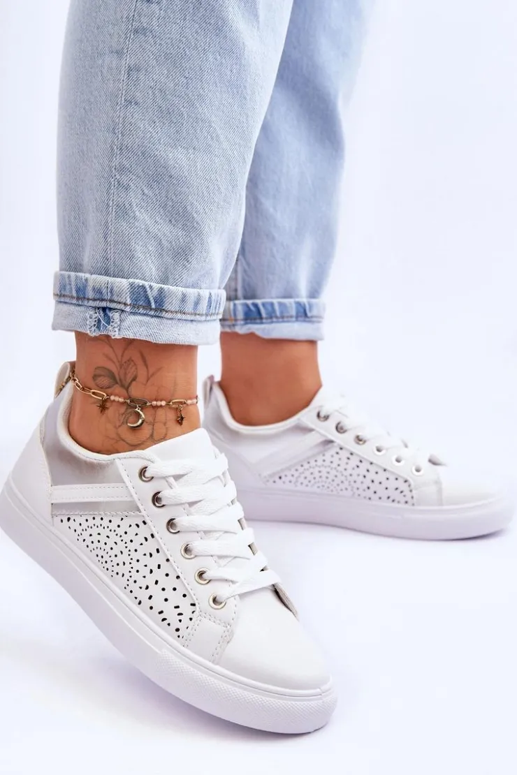 Boto Sneakersy Damskie*Klasyczne Sportowe Buty Z Ażurowym Wzorem Biało-Srebrne Happier