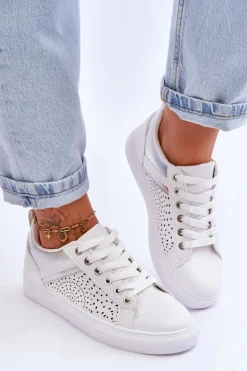 Boto Sneakersy Damskie*Klasyczne Sportowe Buty Z Ażurowym Wzorem Biało-Srebrne Happier