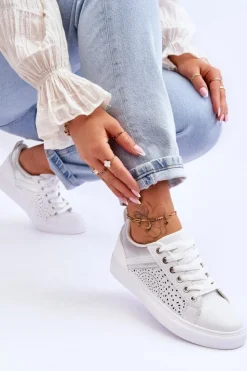 Boto Sneakersy Damskie*Klasyczne Sportowe Buty Z Ażurowym Wzorem Biało-Srebrne Happier