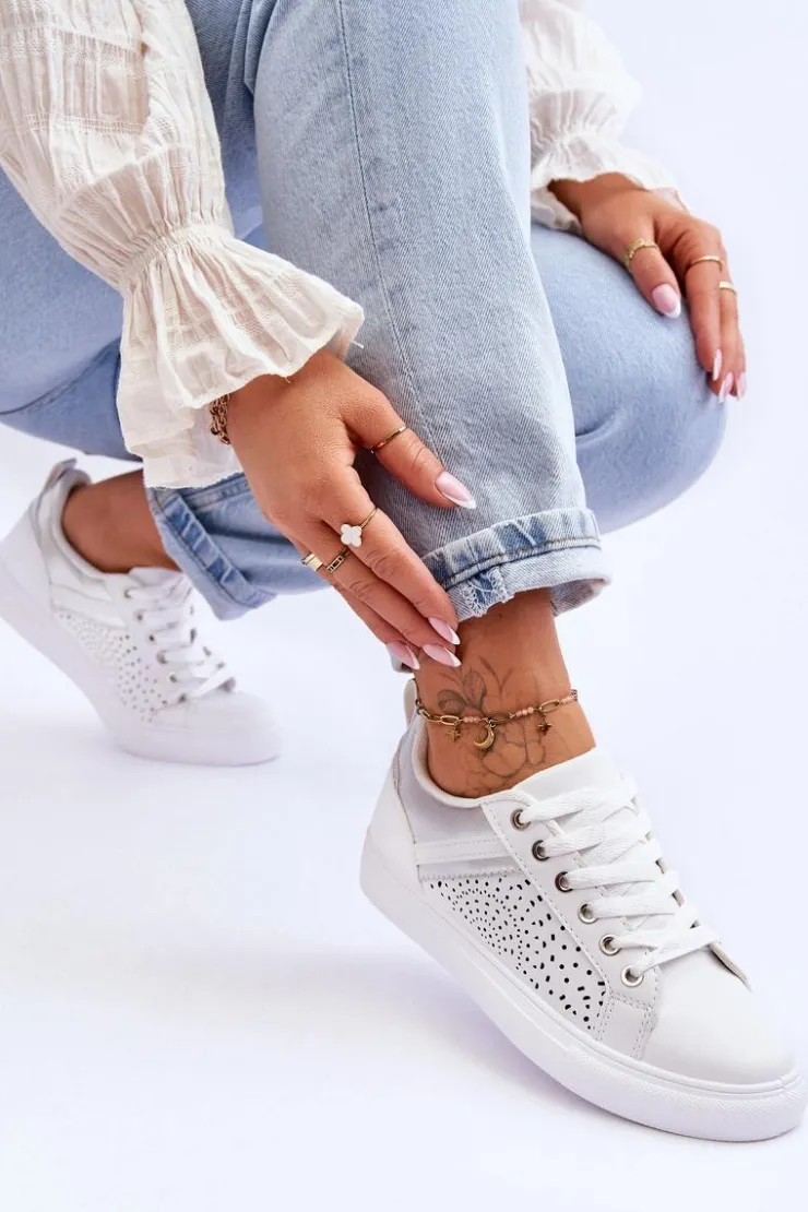 Boto Sneakersy Damskie*Klasyczne Sportowe Buty Z Ażurowym Wzorem Biało-Srebrne Happier