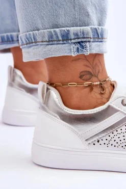 Boto Sneakersy Damskie*Klasyczne Sportowe Buty Z Ażurowym Wzorem Biało-Srebrne Happier