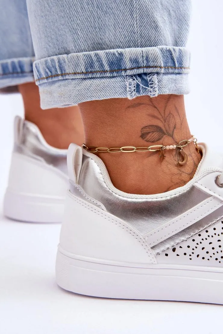 Boto Sneakersy Damskie*Klasyczne Sportowe Buty Z Ażurowym Wzorem Biało-Srebrne Happier
