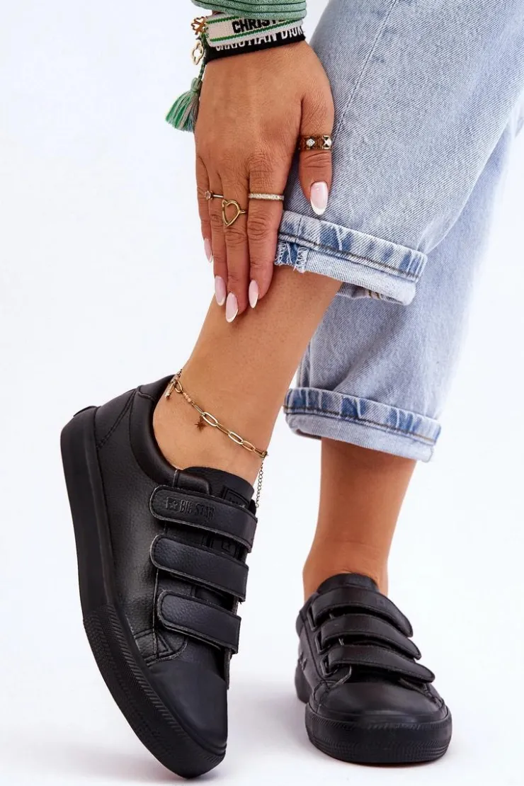 Big Star Shoes Trampki Damskie Big Star|Trampki Damskie Niskie*Klasyczne Tenisówki Na Rzepy Big Star LL274A206 Czarne