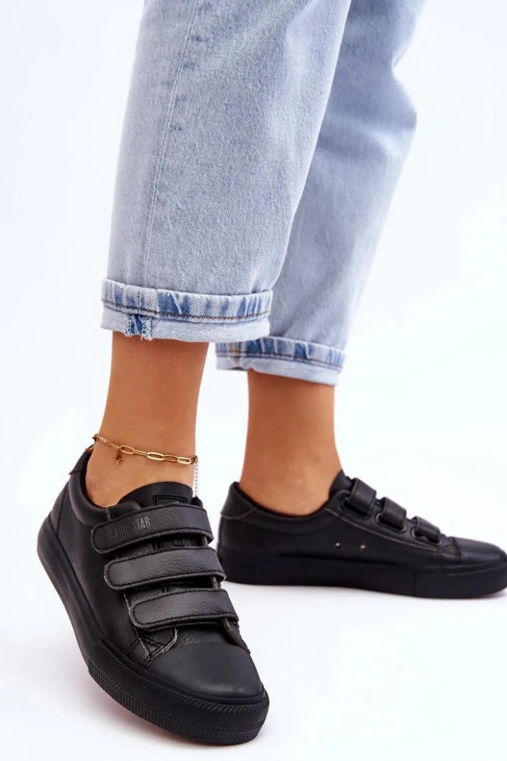 Big Star Shoes Trampki Damskie Big Star|Trampki Damskie Niskie*Klasyczne Tenisówki Na Rzepy Big Star LL274A206 Czarne