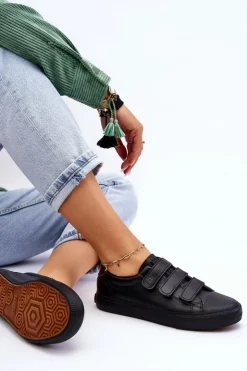 Big Star Shoes Trampki Damskie Big Star|Trampki Damskie Niskie*Klasyczne Tenisówki Na Rzepy Big Star LL274A206 Czarne