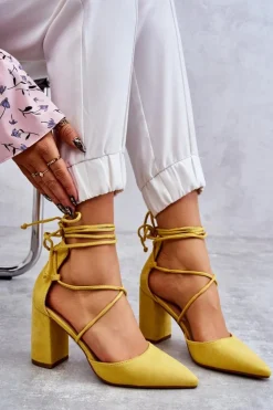 Boto Czółenka Zamszowe|Czółenka Na Słupku*Klasyczne Wiązane Zamszowe Czółenka Żółte Lucira