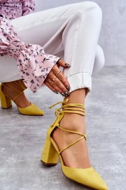 Boto Czółenka Zamszowe|Czółenka Na Słupku*Klasyczne Wiązane Zamszowe Czółenka Żółte Lucira