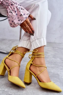 Boto Czółenka Zamszowe|Czółenka Na Słupku*Klasyczne Wiązane Zamszowe Czółenka Żółte Lucira