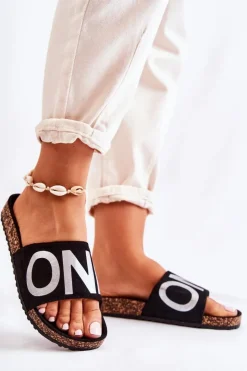 Damskie Evento Klasyczne Wsuwane Klapki Z Napisem Czarno-Srebrne Bahari