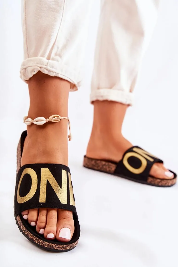 Clearance Evento Klasyczne Wsuwane Klapki Z Napisem Czarno-Złote Bahari