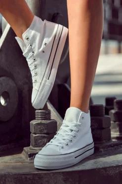 Boto Trampki Damskie Wysokie*Klasyczne Wysokie Trampki Wiązane Białe Volterro