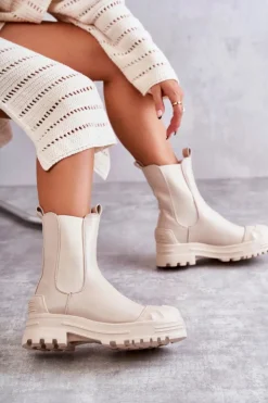 Damskie Boto Klasyczne Wysokie Workery Botki Beżowe Bassti
