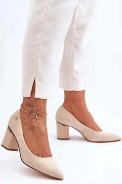 Boto Czółenka Zamszowe|Czółenka Na Słupku*Klasyczne Zamszowe Czółenka Na Obcasie Z Ozdobą Jasnobeżowe Derren