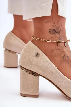 Boto Czółenka Zamszowe|Czółenka Na Słupku*Klasyczne Zamszowe Czółenka Na Obcasie Z Ozdobą Jasnobeżowe Derren