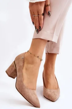 Boto Czółenka Zamszowe|Czółenka Na Słupku*Klasyczne Zamszowe Czółenka Na Obcasie Z Ozdobą Beżowe Derren