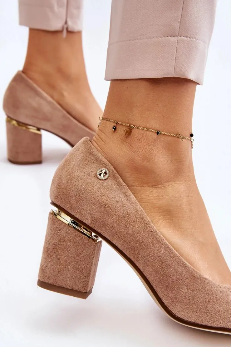 Boto Czółenka Zamszowe|Czółenka Na Słupku*Klasyczne Zamszowe Czółenka Na Obcasie Z Ozdobą Beżowe Derren