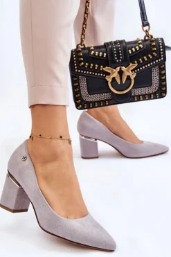 Damskie Boto Klasyczne Zamszowe Czółenka Na Obcasie Z Ozdobą Szare Derren