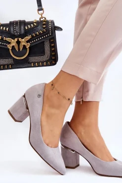 Damskie Boto Klasyczne Zamszowe Czółenka Na Obcasie Z Ozdobą Szare Derren