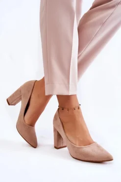 Damskie Boto Klasyczne Zamszowe Czółenka Na Słupku Ciemnobeżowe Kendra