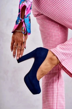 Damskie Boto Klasyczne Zamszowe Czółenka Na Obcasie Granatowe Soro