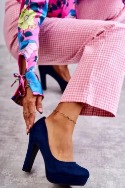 Damskie Boto Klasyczne Zamszowe Czółenka Na Obcasie Granatowe Soro