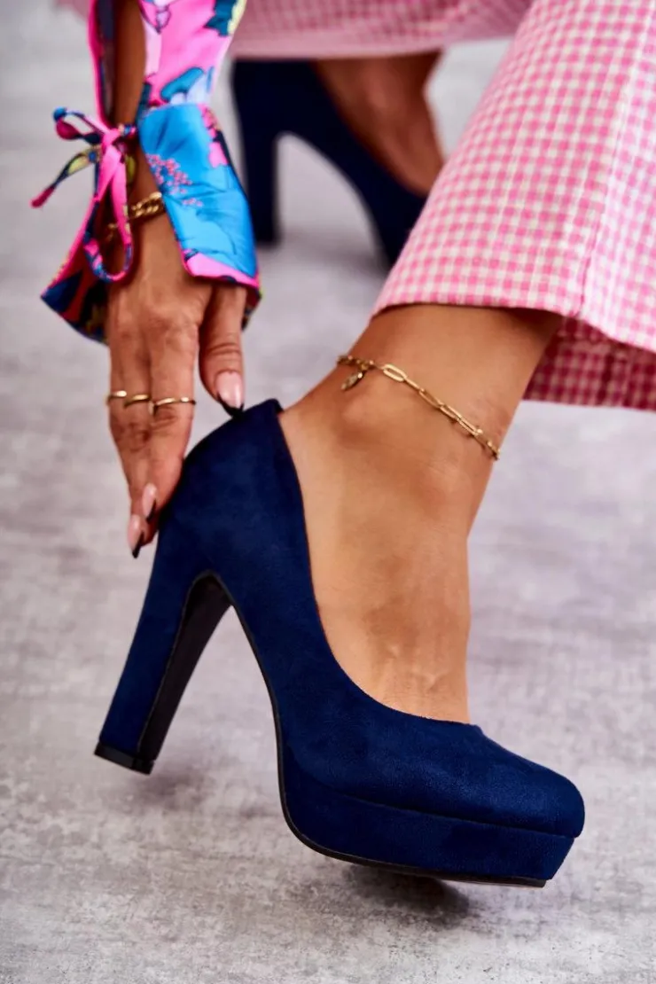 Damskie Boto Klasyczne Zamszowe Czółenka Na Obcasie Granatowe Soro