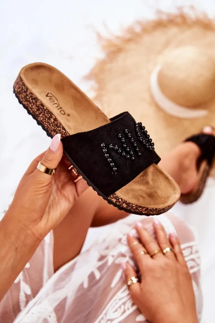 Outlet Evento Klasyczne Zamszowe Klapki Z Koralikami Czarne Vayana