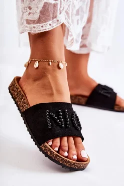 Outlet Evento Klasyczne Zamszowe Klapki Z Koralikami Czarne Vayana