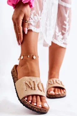 New Evento Klasyczne Zamszowe Klapki Z Koralikami Beżowe Vayana