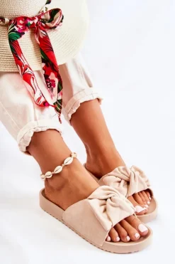 Damskie Evento Klasyczne Zamszowe Klapki Z Kokardą Beżowe Hayle