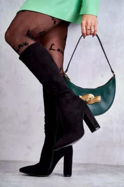 Boto Kozaki Ocieplane|Kozaki Na Słupku*Klasyczne Zamszowe Kozaki Na Obcasie Czarne Tressa Czarny