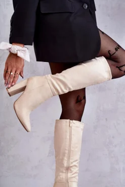 Damskie Boto Klasyczne Zamszowe Kozaki Na Obcasie Beżowe Tressa