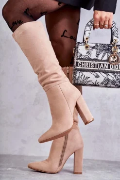 Best Boto Klasyczne Zamszowe Kozaki Na Obcasie Ciemnobeżowe Tressa Beżowy