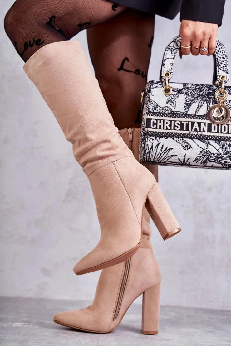 Best Boto Klasyczne Zamszowe Kozaki Na Obcasie Ciemnobeżowe Tressa Beżowy