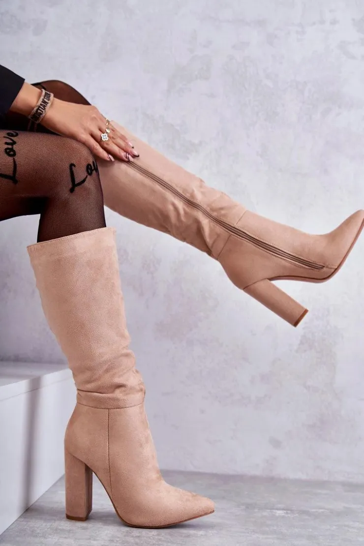 Best Boto Klasyczne Zamszowe Kozaki Na Obcasie Ciemnobeżowe Tressa Beżowy