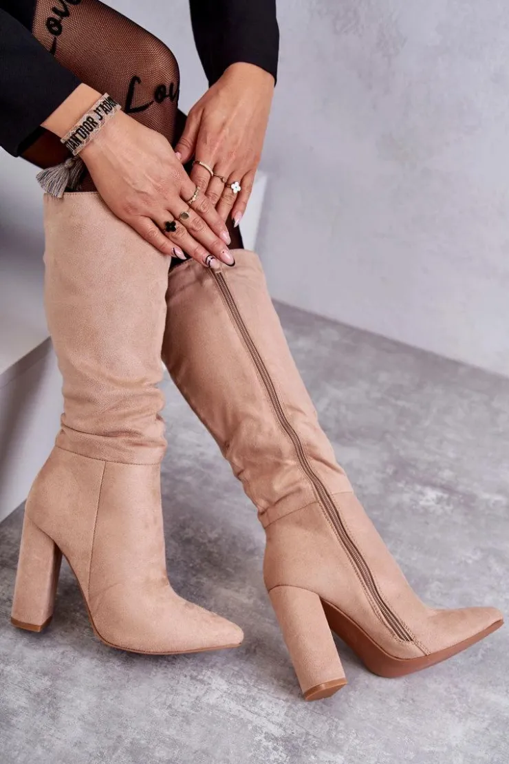 Best Boto Klasyczne Zamszowe Kozaki Na Obcasie Ciemnobeżowe Tressa Beżowy