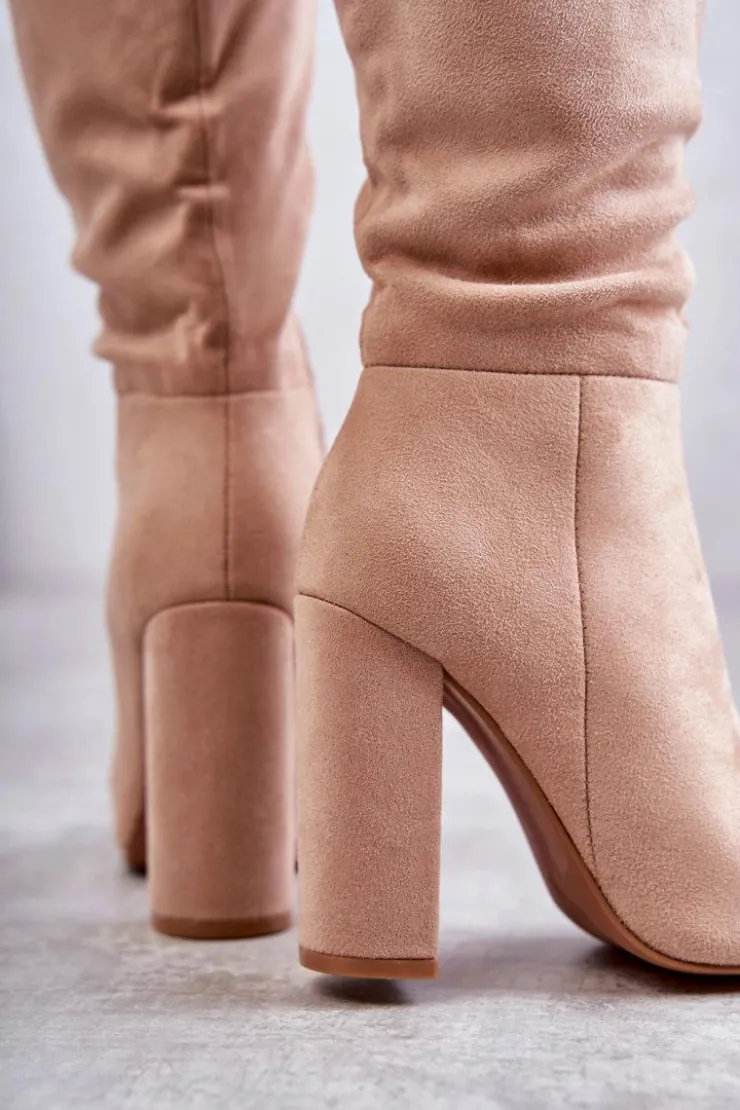 Best Boto Klasyczne Zamszowe Kozaki Na Obcasie Ciemnobeżowe Tressa Beżowy