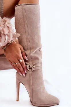 Damskie Boto Klasyczne Zamszowe Kozaki Na Obcasie Beżowe Linney