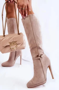 Damskie Boto Klasyczne Zamszowe Kozaki Na Obcasie Beżowe Linney