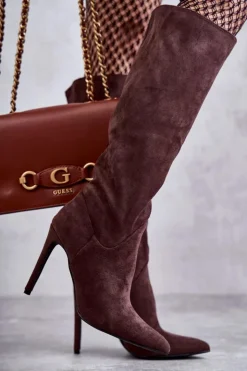 Clearance Boto Klasyczne Zamszowe Kozaki Na Szpilce Brązowe Ameya