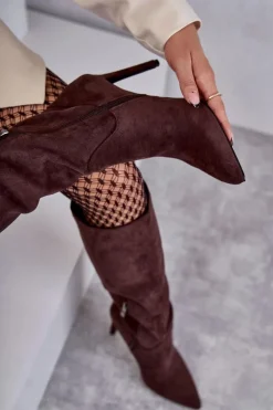 Clearance Boto Klasyczne Zamszowe Kozaki Na Szpilce Brązowe Ameya