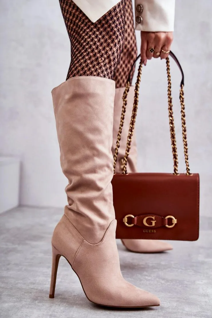 Clearance Boto Klasyczne Zamszowe Kozaki Na Szpilce Beżowe Ameya Beżowy