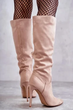 Clearance Boto Klasyczne Zamszowe Kozaki Na Szpilce Beżowe Ameya Beżowy