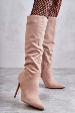 Clearance Boto Klasyczne Zamszowe Kozaki Na Szpilce Beżowe Ameya Beżowy