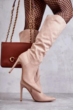 Clearance Boto Klasyczne Zamszowe Kozaki Na Szpilce Beżowe Ameya Beżowy