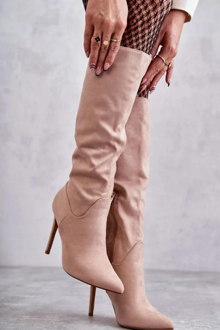 Clearance Boto Klasyczne Zamszowe Kozaki Na Szpilce Beżowe Ameya Beżowy