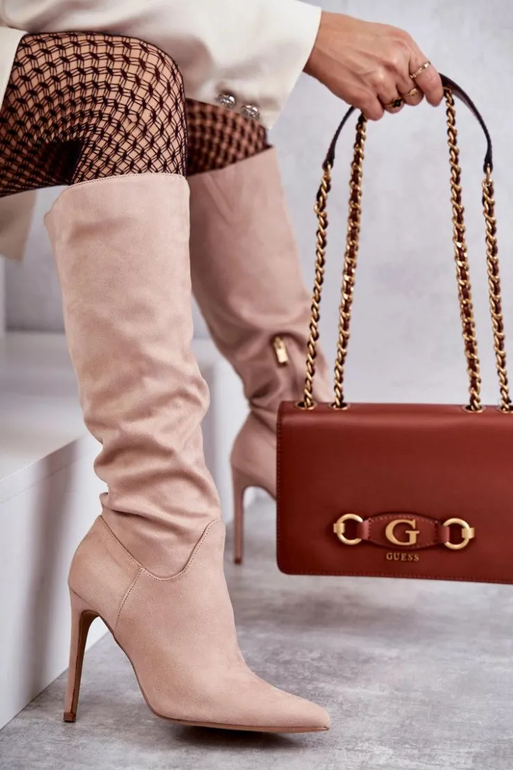 Clearance Boto Klasyczne Zamszowe Kozaki Na Szpilce Beżowe Ameya Beżowy