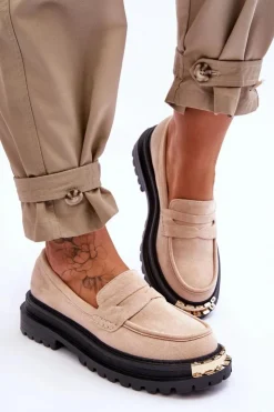 Hot Boto Klasyczne Zamszowe Mokasyny Z Ozdobą Beżowe Monaro